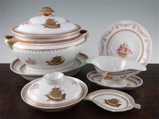 A Chinese export style enamelled porcelain twenty nine piece dinner service, soup tureen 35cm